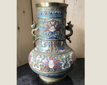 Antique Vintage Japanese Champleve Cloisonne Enamel Inlay Urn Vase with Handles