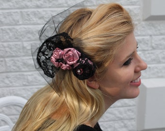 Pink and Black Lace Hair Clip, Wedding Hair, Prom, Costume, Special Event, One of a Kind