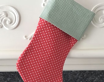 Red Polka Dot Stocking with Green & White Trim 16" Long