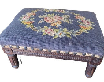 Antique Vintage Footstool Tuffet with Needlepoint & Petit point top