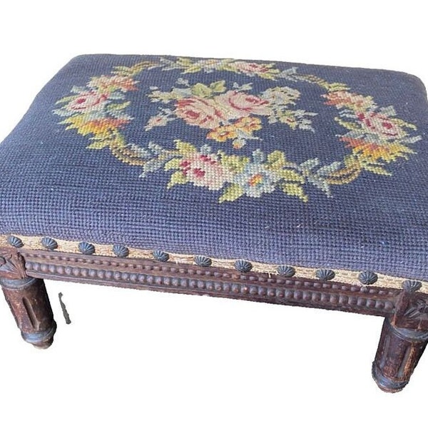 Antique Vintage Footstool Tuffet with Needlepoint & Petit point top