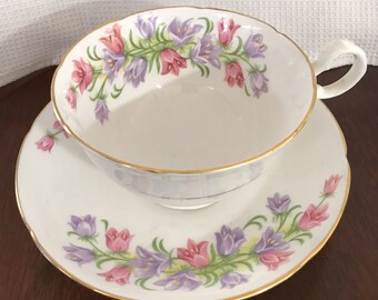 Royal Grafton 619 pattern (Harebell or Bluebell?) Teacup and Saucer Pink and Purple Teacup
