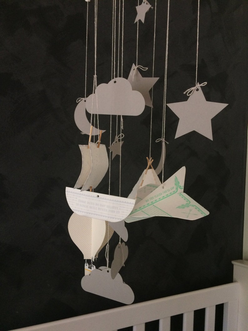 DIY paper letterpress mobile kit Paper Craft Teepee, aeroplane, boat, hot air balloon, stars, moon image 2