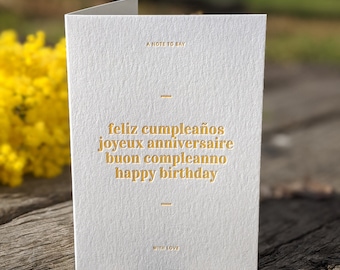 Letterpress Card - 'Happy Birthday' Languages - Yellow