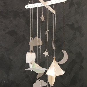 DIY paper letterpress mobile kit Paper Craft Teepee, aeroplane, boat, hot air balloon, stars, moon image 3