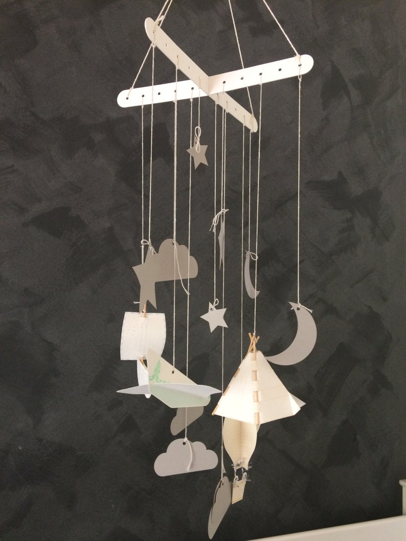 DIY paper letterpress mobile kit Paper Craft Teepee, aeroplane, boat, hot air balloon, stars, moon image 3