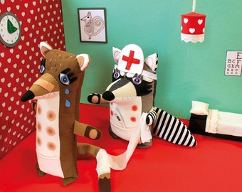Sick postcard x 5, get well soon, in the hospital with dr. Racoon & the crying weasel
