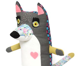 Pink blue plush cat animal handmade with embroidery