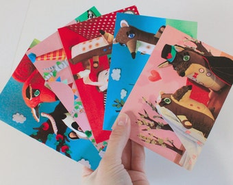 Set of 5 different cute postcards with woodland animals