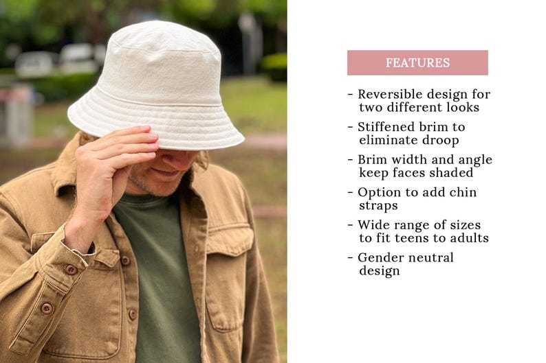 May include: A white bucket hat with a wide brim, made of a stiff material to prevent drooping. The hat is reversible, offering two different looks. The hat is worn by a person with a brown shirt.
