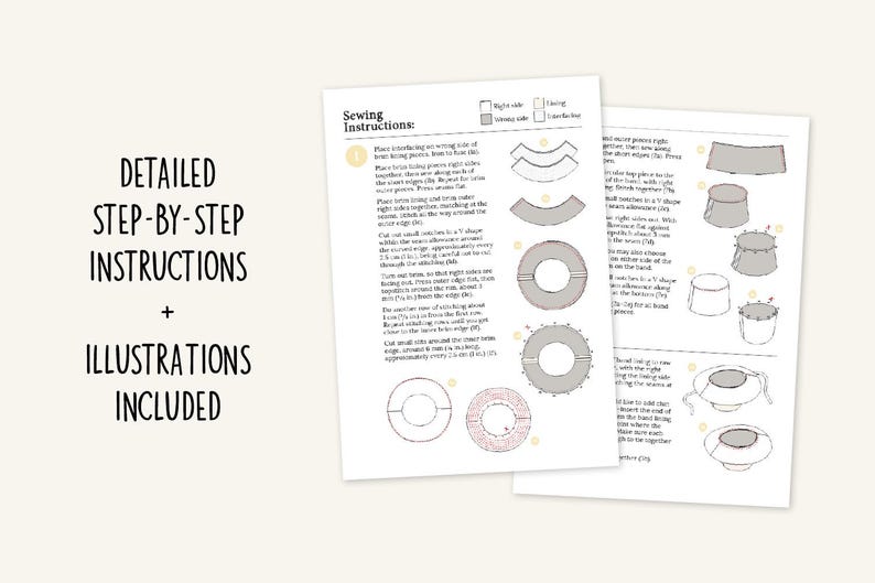 May include: Detailed step-by-step sewing instructions with illustrations for a hat. The instructions include diagrams showing how to sew the hat pieces together.