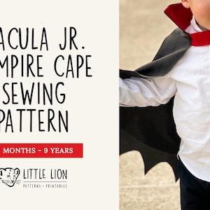 May include: A sewing pattern for a Dracula Jr. vampire cape. The image shows a child wearing a black cape with a red collar over a white shirt. The pattern is for sizes 18 months to 9 years. The text on the image reads "DRACULA JR. VAMPIRE CAPE SEWING PATTERN."
