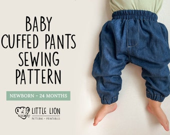 May include: A sewing pattern for baby cuffed pants, featuring a newborn baby wearing a pair of blue denim cuffed pants. The pattern is for sizes newborn to 24 months. The text "BABY CUFFED PANTS SEWING PATTERN" and "NEWBORN - 24 MONTHS" is displayed on the image. The text "LITTLE LION PATTERNS - PRINTABLES" is also displayed on the image.