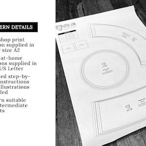 May include: A black and white sewing pattern for a hat. The pattern includes instructions for making a hat, and is suitable for intermediate sewists. The pattern is available in A2, A4, and US Letter sizes.