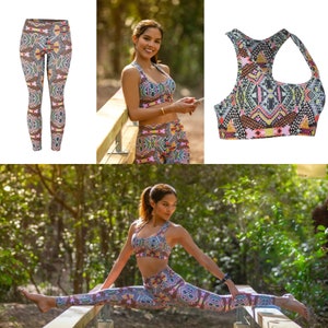 May include: A woman wearing a colorful patterned sports bra and leggings. The leggings have a high waist and the sports bra has a racerback style. The woman is doing a yoga pose.