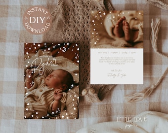 Birth Announcement Template, Baby Birth Announcement Card, INSTANT DOWNLOAD, DIY, Editable, Newborn, Baby Announcement Design, Printable