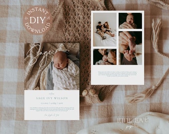 Birth Announcement Template, Baby Birth Announcement Card, INSTANT DOWNLOAD, DIY, Editable, Newborn, Baby Announcement Design, Printable