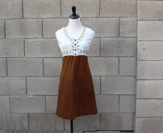 1960s Vintage Cream and Chocolate Brown Dress wit… - image 1