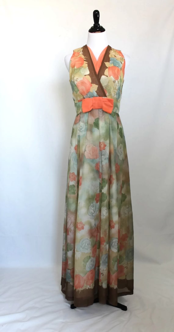 60s Dress / Floral Dress / Peach Dress / Long Dres