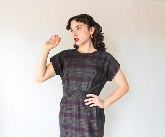 Vintage 50s Plaid Blue Purple Dress - image 1