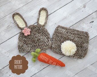 CROCHET PATTERN - Newborn Bunny hat and diaper cover and carrot set, newborn photo prop set EASTER crochet pattern