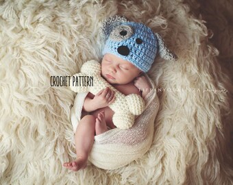 CROCHET PATTERN - newborn puppy hat and bone set pattern, crochet puppy hat pattern, crochet bone pattern, newborn photo prop set pattern