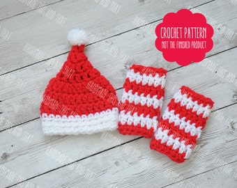 CROCHET PATTERN - Newborn christmas hat, newborn christmas photo prop pattern, christmas hat set pattern, christmas gnome hat, leg warmers