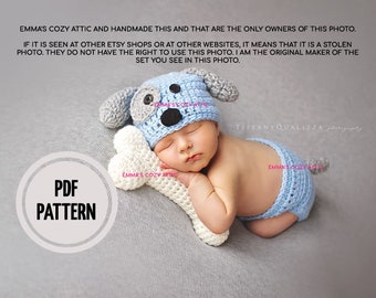 CROCHET PATTERN - Newborn Puppy hat and diaper cover and bone set, newborn photo prop set crochet pattern