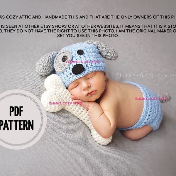 CROCHET PATTERN - Newborn Puppy hat and diaper cover and bone set, newborn photo prop set crochet pattern