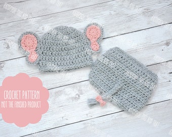 CROCHET PATTERN - Baby elephant hat and diaper cover set, newborn photo prop set, crochet baby pattern, baby hat pattern, photo prop pattern