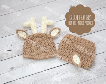 CROCHET PATTERN - Deer hat pattern, Newborn deer outfit pattern, deer outfit, deer hat and diaper cover, baby pattern, photo prop set