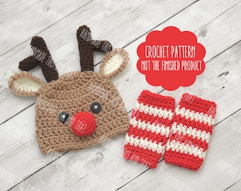 CROCHET PATTERN - Reindeer hat pattern, reindeer hat and leg warmers, baby reindeer hat, newborn christmas hat, reindeer hat