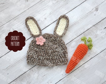 CROCHET PATTERN - Newborn Bunny hat and carrot, baby bunny hat, newborn photo prop set EASTER crochet pattern