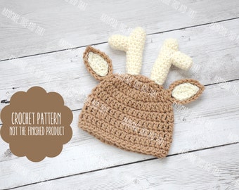 CROCHET PATTERN - Newborn baby deer pattern, deer hat pattern, photo prop pattern, crochet baby pattern, baby hat pattern