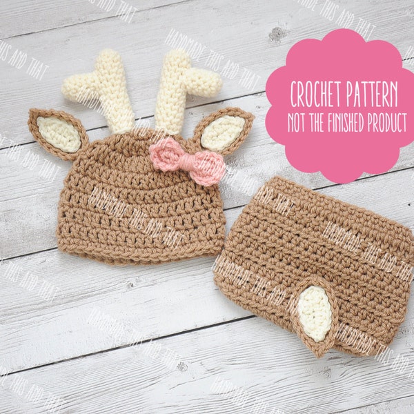 CROCHET PATTERN - Newborn deer hat and diaper cover, newborn deer outfit, crochet baby pattern, photo prop set pattern