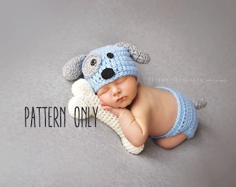 CROCHET PATTERN - Newborn Puppy hat and diaper cover and bone set, newborn photo prop set crochet pattern