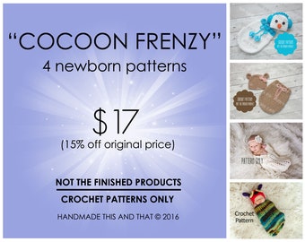 CROCHET PATTERNS - cocoon patterns, baby cocoon pattern, baby swaddle patterns, newborn photo prop pattern, baby bear hat, snowman