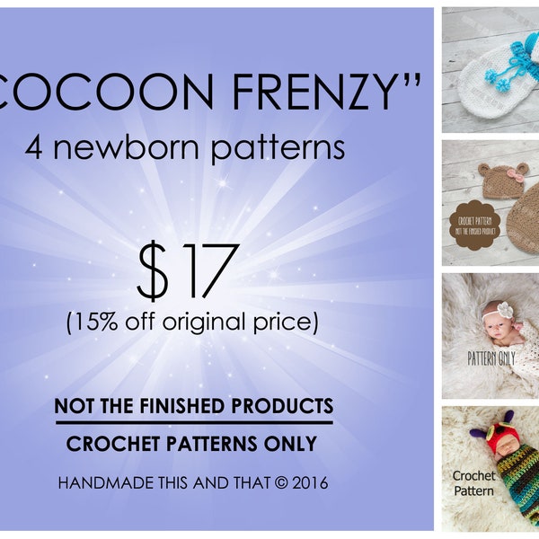 CROCHET PATTERNS - cocoon patterns, baby cocoon pattern, baby swaddle patterns, newborn photo prop pattern, baby bear hat, snowman