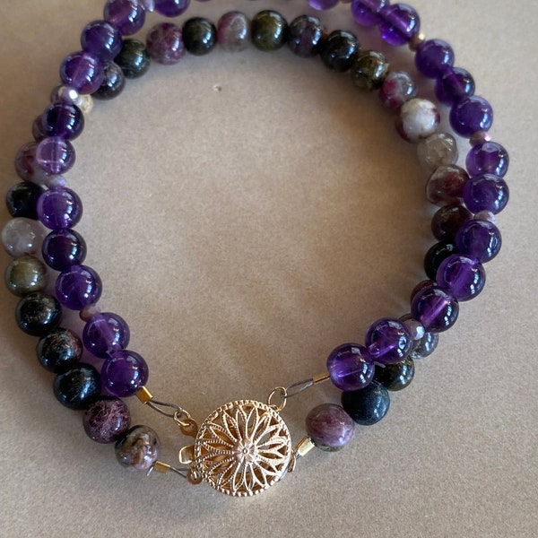 Natural Amethyst Natural Tourmaline 2 strand bracelet with box circle snap clasp Womens bracelet