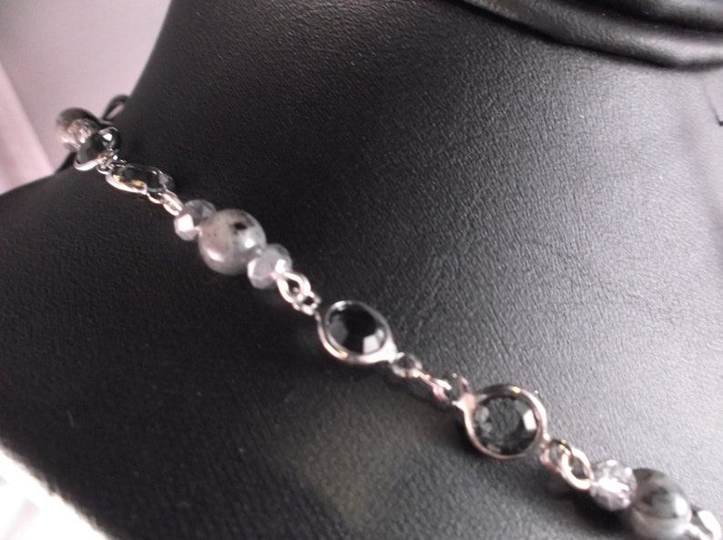 Womens glowing Labradorite gemstone fashion necklace earring set with CZ linked crystal stars faceted crystal silver button clasp USA made