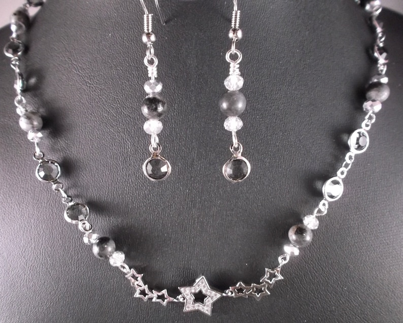 Womens glowing Labradorite gemstone fashion necklace earring set with CZ linked crystal stars faceted crystal silver button clasp USA made