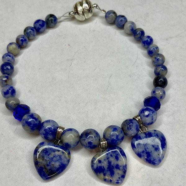 Natural Denim Lapis gemstone heart gemstone pendants silver magnetic clasp woman's bracelet available in 6 7 and 8 inch lengths