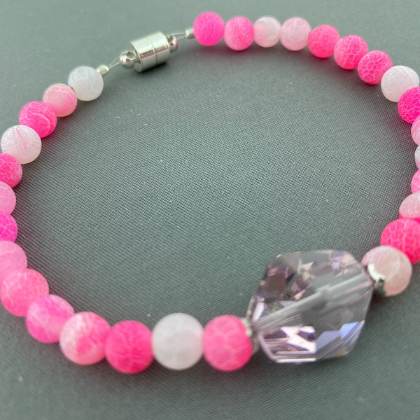 Swarovski Light Amethyst Cosmic Faceted Crystal and Hot Pink Matte Agate Round Gemstone Silver Magnetic Clasp Bracelet 6 inch, 7 & 8 inch