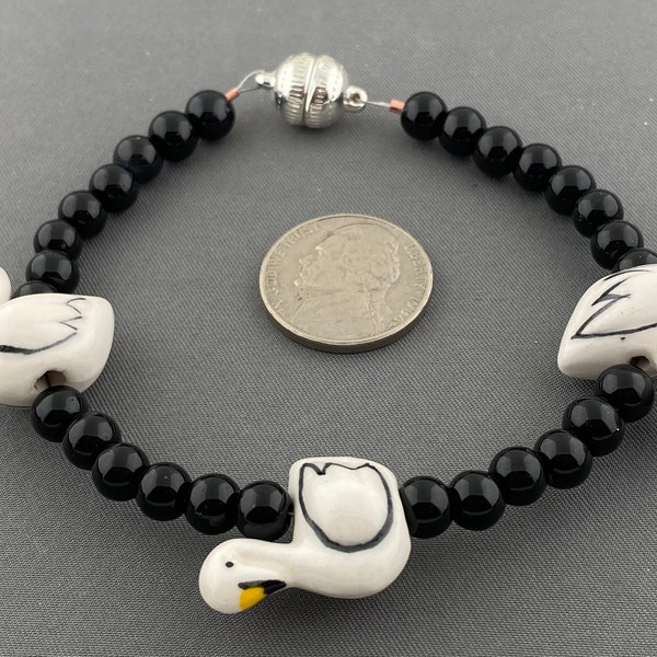 Ceramic glass geese bead and black obsidian gemstone silver magnetic clasp woman's bracelet available in 6 7 and 8 inch lengths