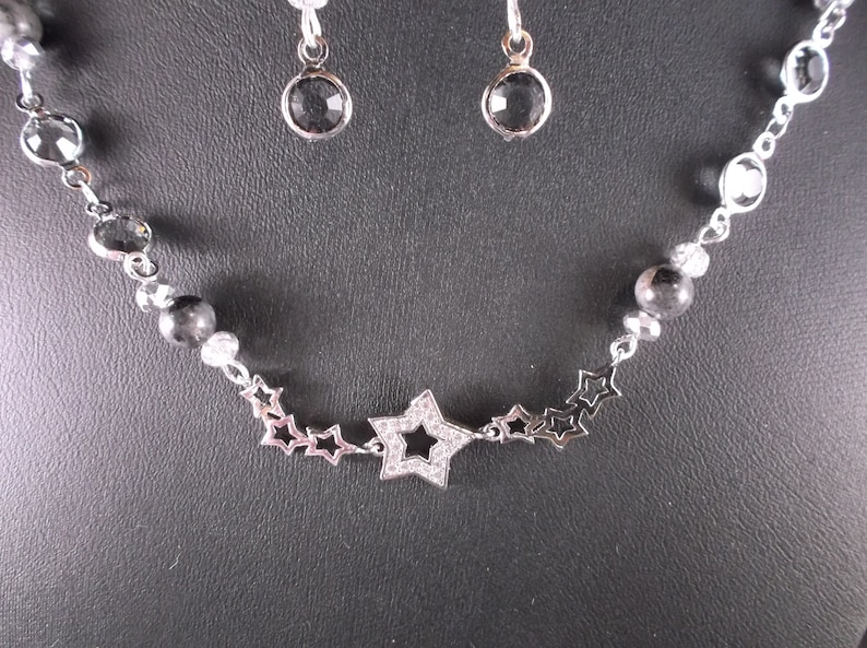 Womens glowing Labradorite gemstone fashion necklace earring set with CZ linked crystal stars faceted crystal silver button clasp USA made