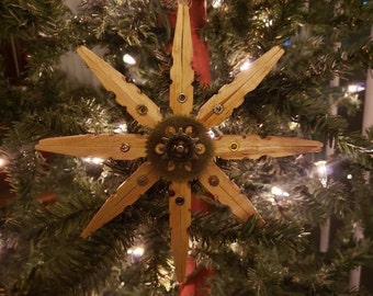 Large Single Steampunk Clothespin Snowflake Golden Pecan 6" Diameter