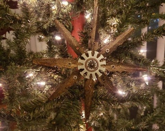 Large Single Steampunk Clothespin Snowflake Dark Walnut 6" Diameter