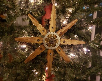 Large Single Steampunk Clothespin Snowflake Golden Oak 6" Diameter