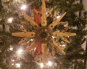 Large Single Steampunk Clothespin Snowflake Golden Oak 6" Diameter