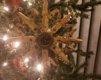 Large Single Steampunk Clothespin Snowflake Golden Oak 6" Diameter